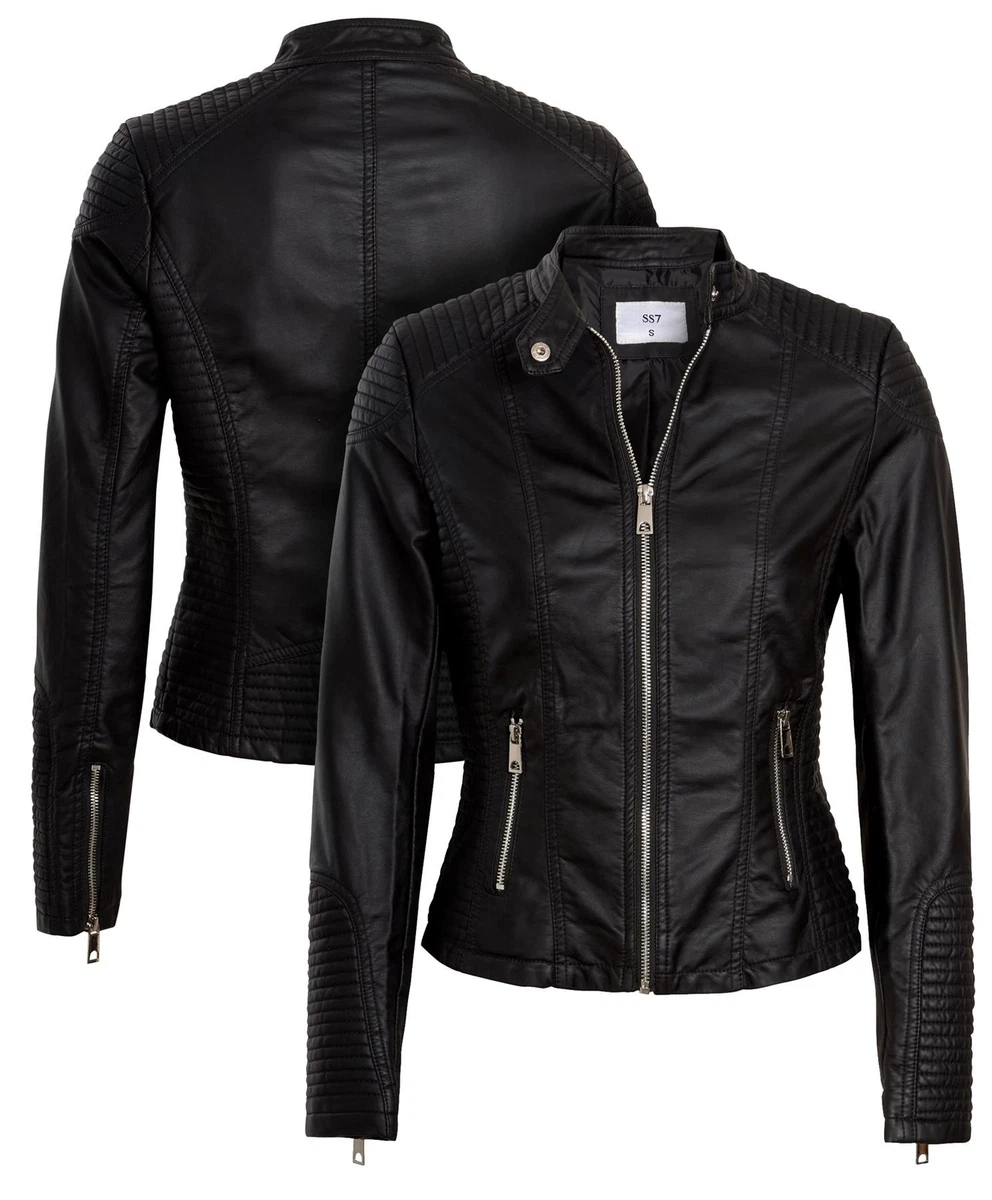 Womens Faux leather Biker Jacket Black PU Coat Size 8 10 12 14 6 New eBay