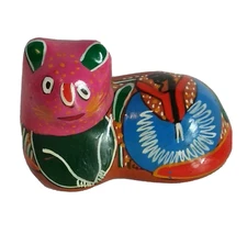 Vintage Mexico Tonala Cat Hand Painted 3 5/8" x 2" x 2.75" tall Colorful Pottery