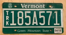 2015 VERMONT TRUCK LICENSE PLATE " 185 A 571 " VT 15  GREEN MOUNTAIN STATE