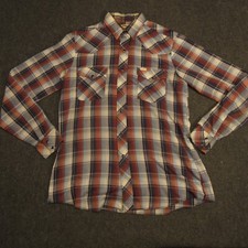 Vintage Wrangler Pearl Snap Shirt Mens Medium Plaid Long Sleeve Red USA Made VTG