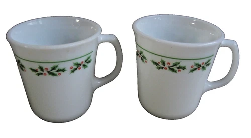 2 Vintage Corning Pyrex Holly Days D-Handle Milk Glass Coffee Mugs Tea Cups