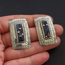 Vintage Sterling Silver Earrings Natural Blue Stone Modernist Geometric Bohemian