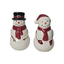 Christmas Snowman Salt & Pepper Shaker Collectible Set Ceramic Decor White Red 