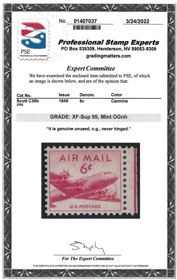 US Scott # C39b - Mint NH - PSE Graded XF / Superb 95                     (P2-3) - Image 3 of 3