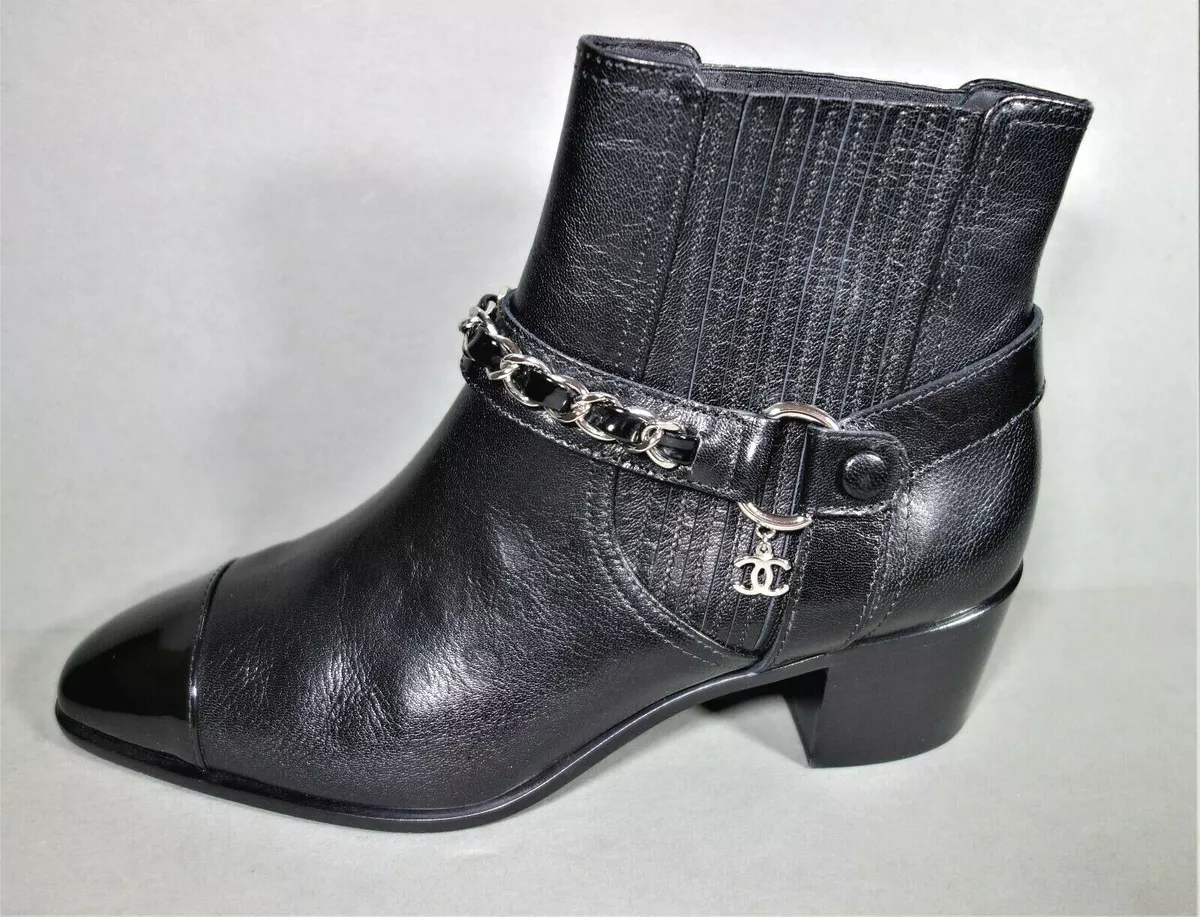 CHANEL 41 Black Leather Bootie Short Ankle Boots Biker Moto Silver Chain NEW