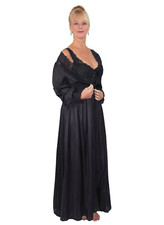 Shadowline Womens Nightgown Robe Set Black Peignoir Nylon Elegant Sleepwear 2 Pc