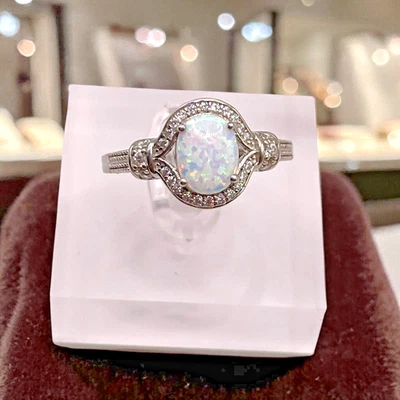 Vintage 925 Sterling Silber Feueropal mit CZ Pave' Akzenten Ring, Gr. 10,5 - Bild 1 von 4