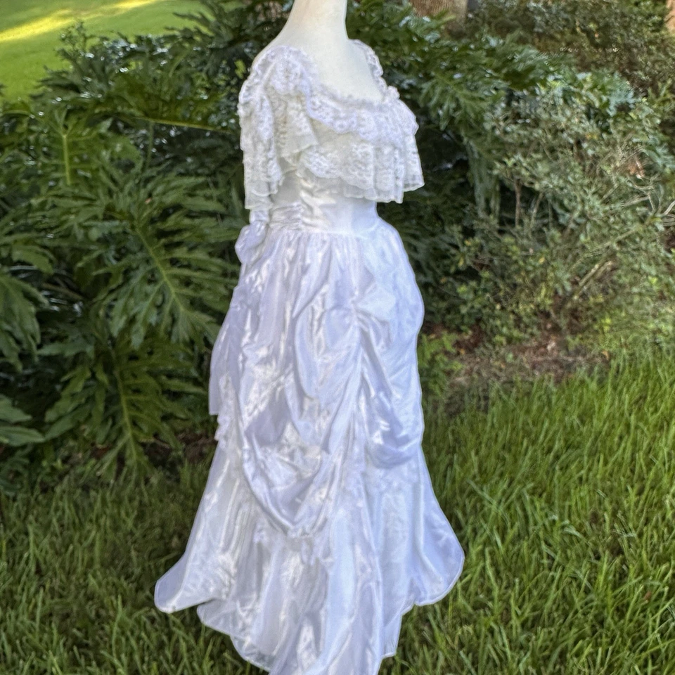 VTG 80’s Jessica McClintock Bridal White Satin Lace Dress-Size 7  Victorian - Image 4 of 4