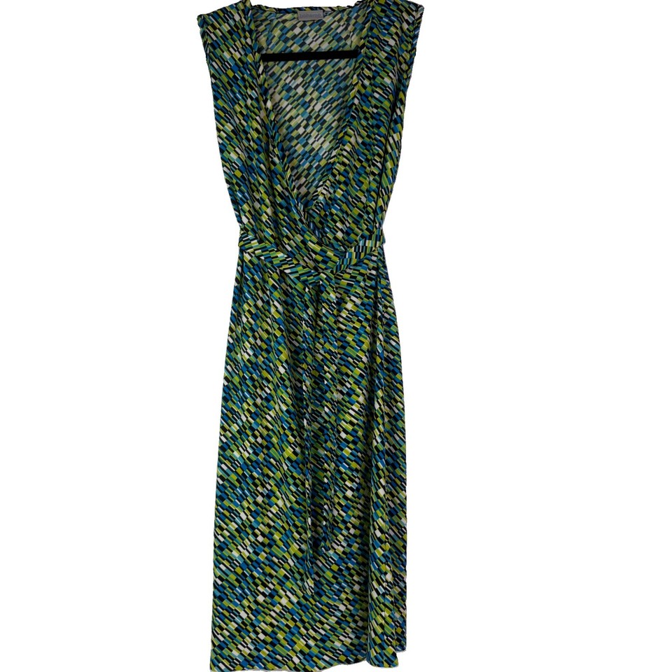 Boheme Size 10 Retro A Line Dress Green Blue Black 70s Style Midi Belt Waist Tie