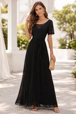 Ever Pretty Black Maxi Chiffon Shirt Dress Size 16 Lace Bodice Formal NWT