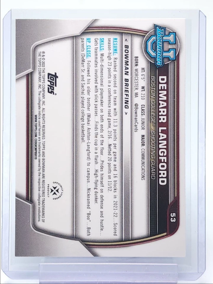 DEMARR LANGFORD 2022-23 BOWMAN CHROME UNIVERSITY 1ST PURPLE SHIMMER Q4854 - Image 2 of 2