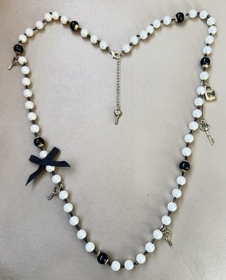 Betsey Johnson Signed Key Necklace Faux Pearl Crystal Heart Gold Black White 36 