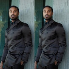 Black Satin Men's Suits Double Breasted Formal Wedding Groom Tuxedo Two Pieces