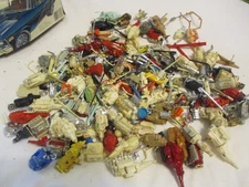 MODEL CAR BOX OF VINTAGE MODEL CAR MOTORS CHROME AND OTHER PARTS