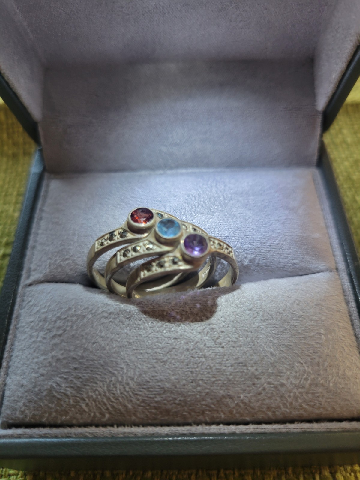 Stackable Sterling Silver Ring With Amethyst, Blue Topaz And Ruby Sz 8.5