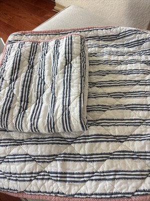 2 Serena And Lily  25  Pillow Shams Quilted  Blue White Stripe  Red Trim (A90