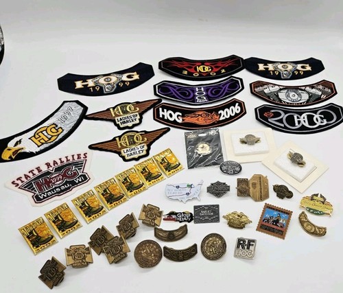 Harley Davidson Owners Group Patch And Pin Lot Of 43 Pieces 32 Pins 11 Patches