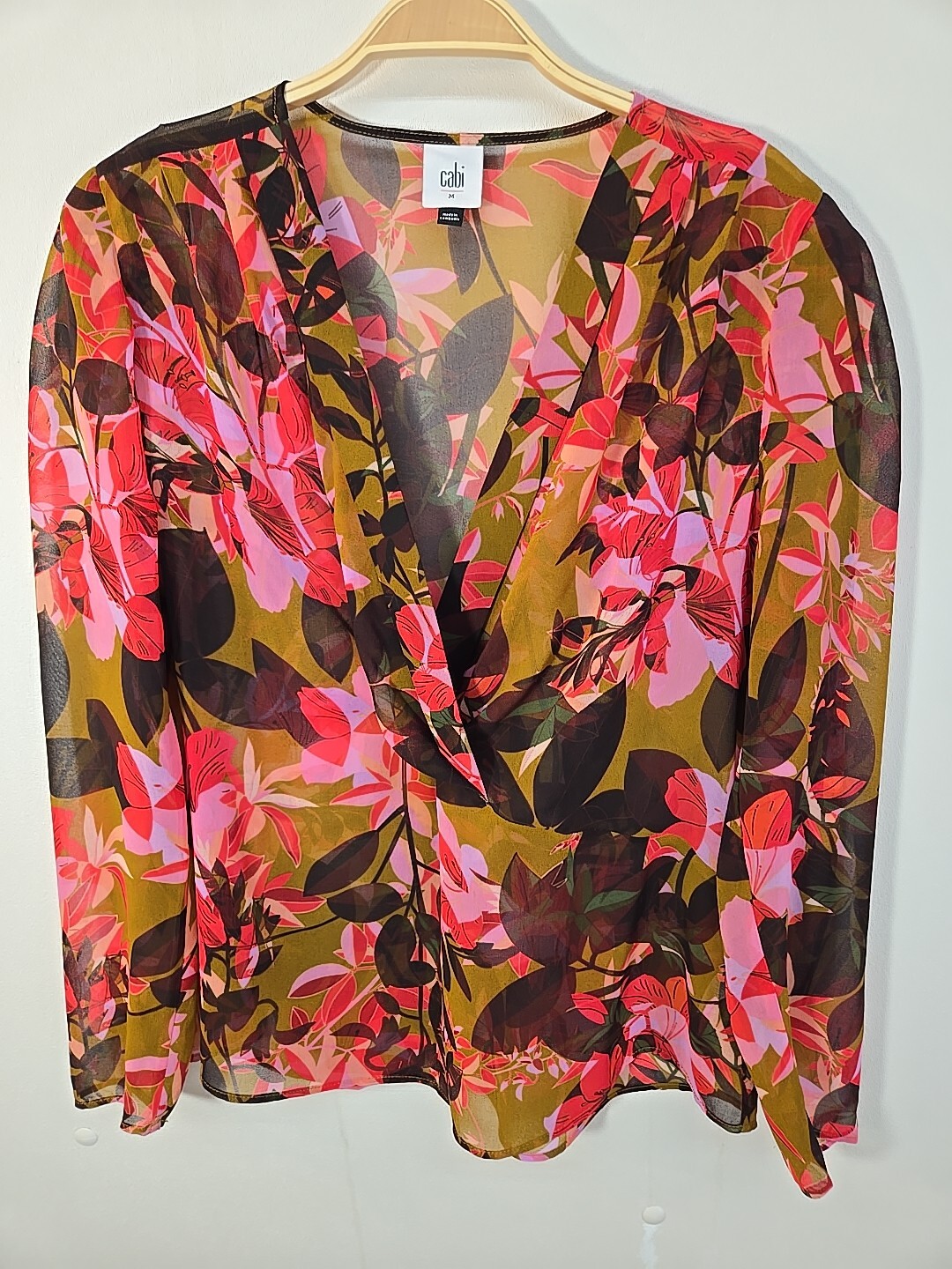 Cabi Floral Print Chiffon Blouse Size M Semi-Sheer Long Sleeve Top  