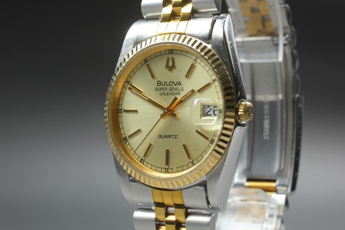 *Exc+5* BULOVA Super Seville 857658 Gold Dial Date 36mm Quartz Men's Watch JAPAN
