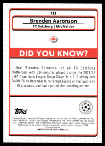 2021-22 Merlin Chrome UEFA Champions League #113 Brenden Aaronson Aqua Prism - Picture 2 of 2