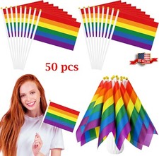 50Pcs Rainbow Pride Small Flag Gay Hand Held Stick Flag LGBTQ Party Dec 12 8 in