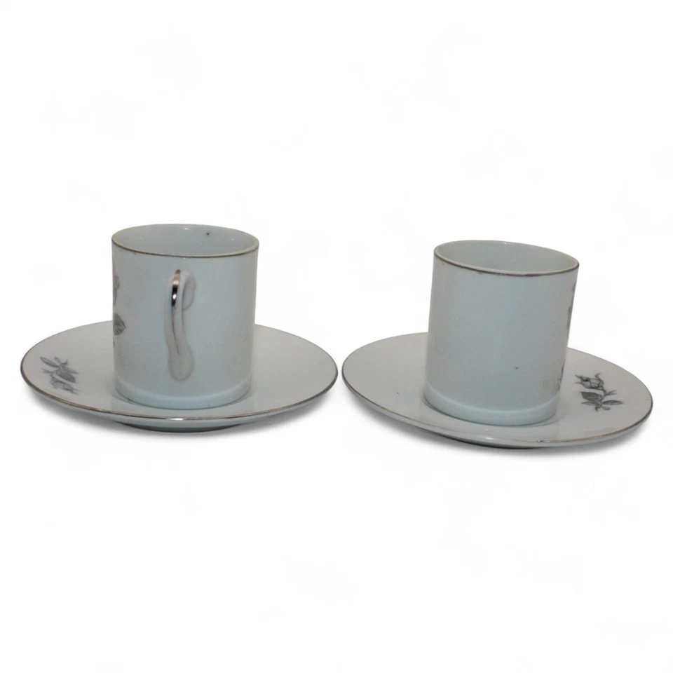 Juego de 2 tazas de café espresso vintage de porcelana gris diseño rosa con platillos a juego Foto 3 de 4