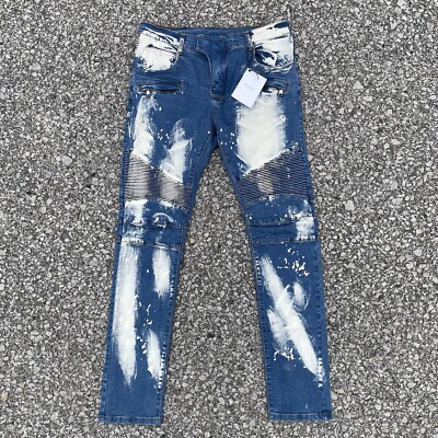 Balmain Paris Jeans Mens 34 Blue Slim Moto Biker Paint Splatter