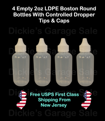 4 EMPTY 2oz LDPE LIQUID DISPENSING BOTTLES, DROPPER TIP, TWIST TOP, SILVER  CAP