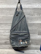 Vintage Mudd Blue Jean Denim Backpack Sling Embroidered Flowers Butterfly-unique