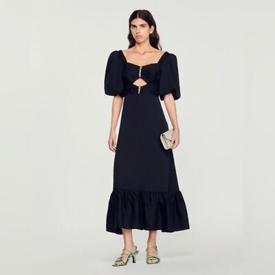 NWT Sandro Paris Falbala Rhinestone Embellished Cutout Black Midi Dress