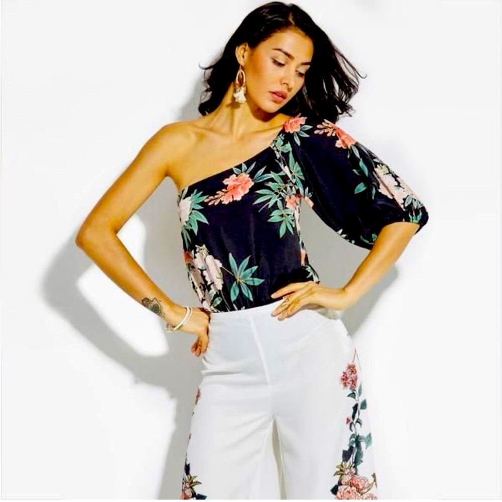 ZARA NWOT Hawaiian Floral PUFFY SLEEVE OFF SHOULDER BODYSUIT Size Medium