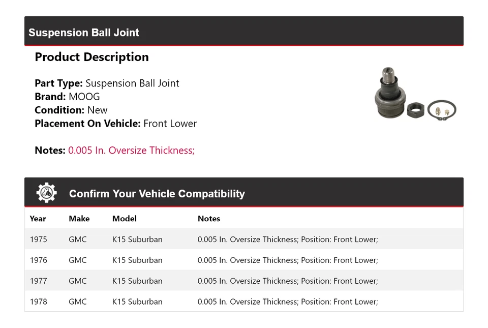 Rótula de suspensión delantera inferior MOOG 1975-1978 GMC K15 Suburban 1975-1978 Foto 2 de 4