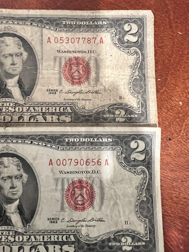 2 CONSECUTIVE 1963 $ 2 DOLLAR BILL RED SEAL US NOTES - Picture 23 of 24