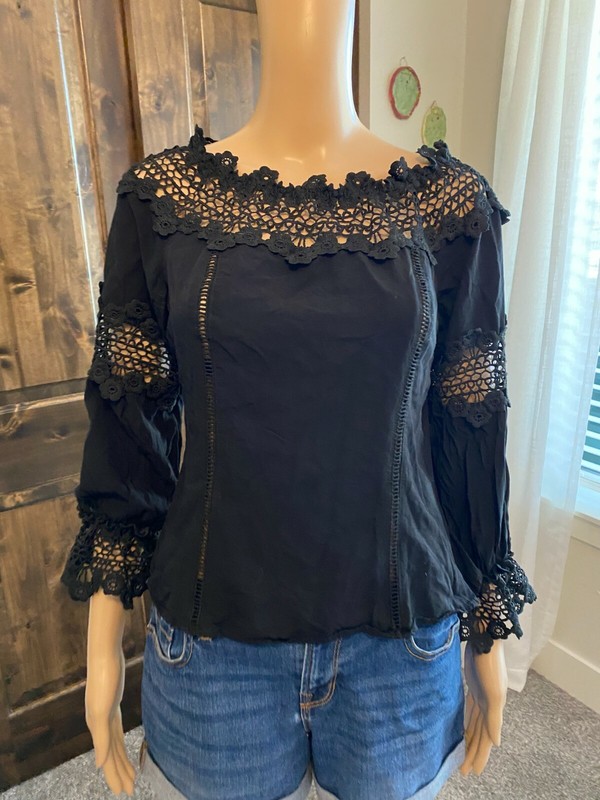 M|2 by Mocha Apparel Woman Rayon &  Lace Blouse 3/4 Sleeve Black Size Small-022