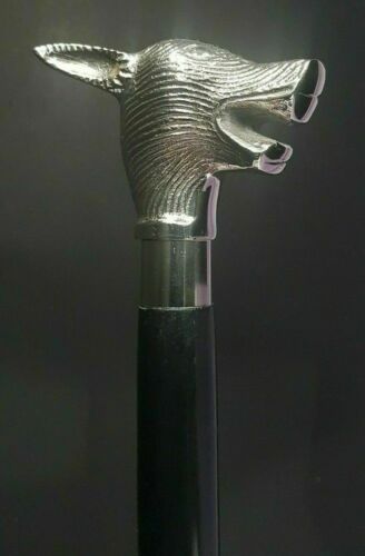 Designer Silver Wolf Head Handle Victorian Style Wooden Walking Stick Cane Gift - Picture 1 of 7