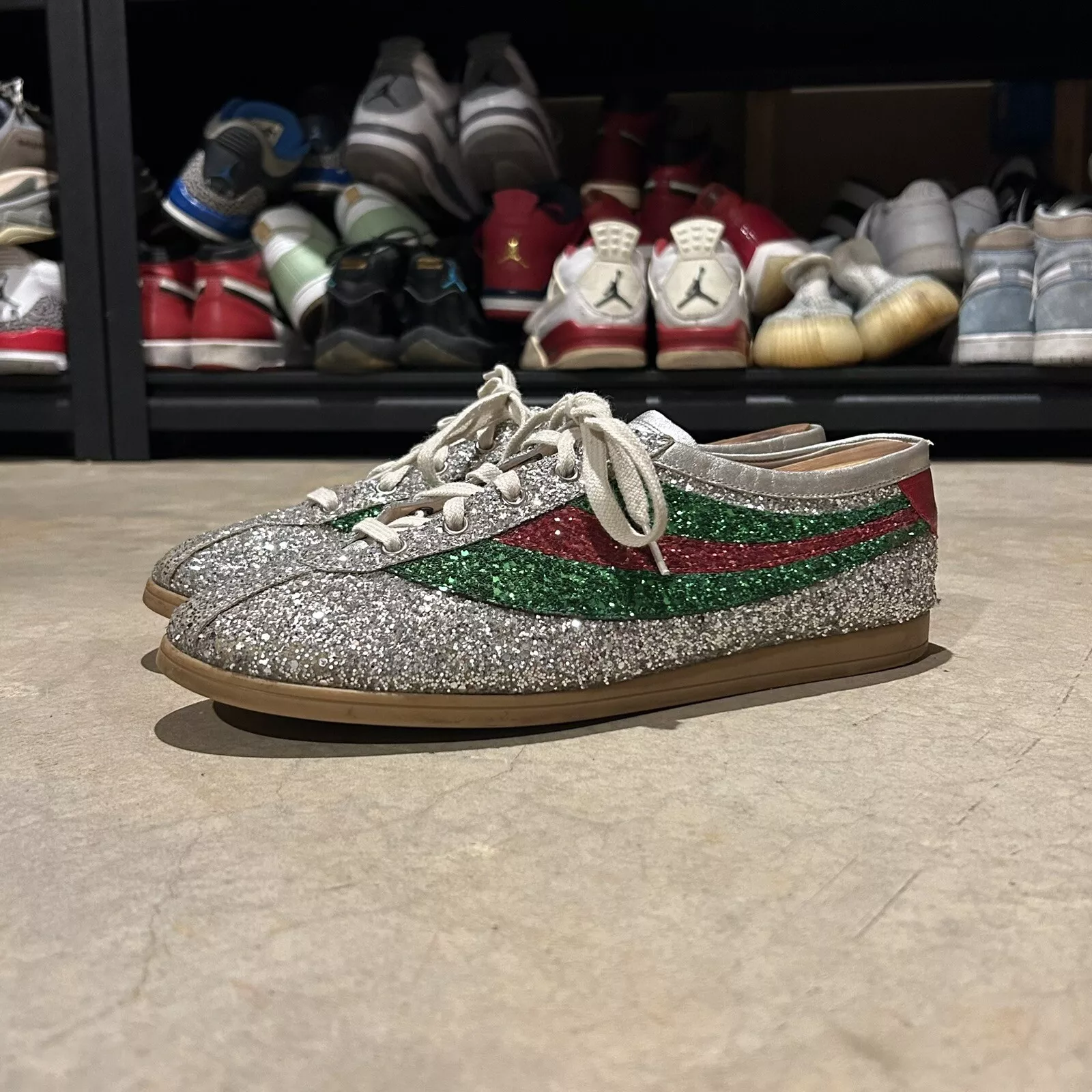 Baskets de tennis Gucci Falacer toile pailletée argent homme US 11,5 authentiques