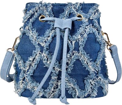 QZUnique Women Denim Mini Bucket Bag Crossbody Purse Shoulder Blue 