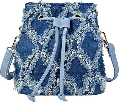 #ad QZUnique Women Denim Mini Bucket Bag Crossbody Purse Shoulder Blue