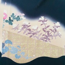 Breathtaking A 14x62 LONG Hand Painted Tomesode Black Silk Kimono Fabric ToF42