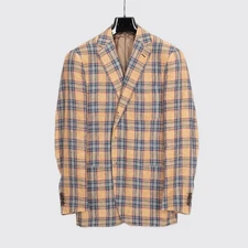 Drake's London Sport Coat Size 38 (EU48) Tan Pink Navy Linen Plaid