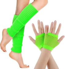 Neon Leg Warmers Fishnet Gloves Set 80s Fancy Dress Costume Accessory Stretchy
