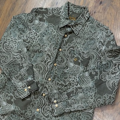 Vintage Tommy Bahama Shirt Mens L Brown Fish Waves Ocean Linen Blend Button Up