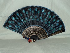 Exquisite Chinese Peacock Sequin Folding Hand Fan Black, Blue  Golden NWT