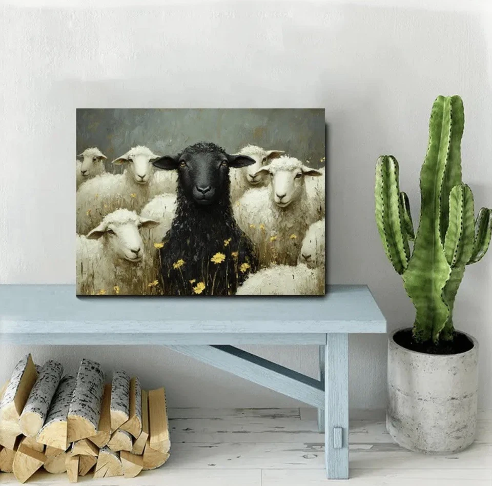 Pintura de ovelhas em lona de madeira - Imagem 2 de 3