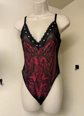 Killstar Black Red Gothic Studded Lace Graphic Bodysuit Adjustable Strap Size L