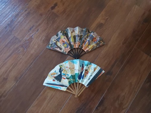 2 CGT French Line S.S Ocean Liner Folding Hand Fan Nautical Advertising France