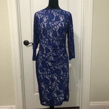 Kasper Royal Blue Floral Lace Ruched Sheath Dress Size M 3/4 Sleeve Boat Neck