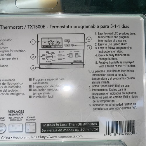 Lux Products TX1500E Smart Temp Programmable Thermostat NOS Edw17 - Picture 7 of 10