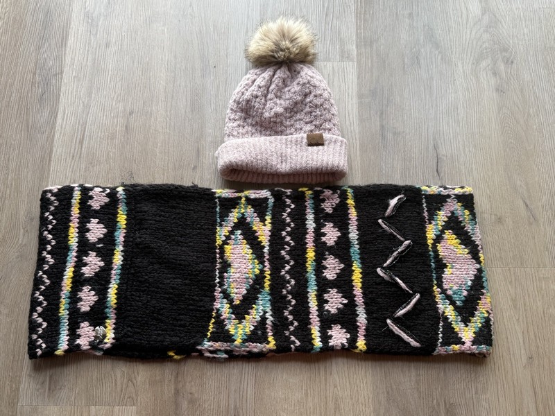 Pink Beanie and Betsey Johnson Black Patterned Scarf Set 