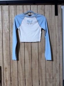Forever 21 Light  Blue And White, Long Sleeve  Butterfly Crop Top Size M